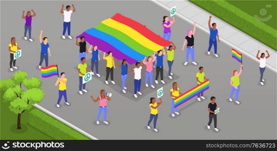 Public protest demonstration isometric composition with view of street ang group of protesters at pride parade vector illustration