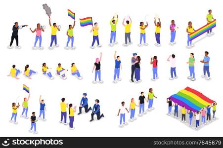 Public protest demonstration set with isolated human characters of protesters with lgbt flags and pride gestures vector illustration