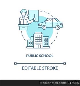 Public school blue concept icon. Driving education for teens abstract idea thin line illustration. Car operating course for high school pupils. Vector isolated outline color drawing. Editable stroke. Public school blue concept icon