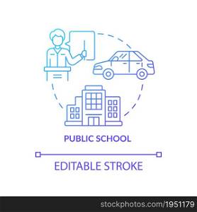 Public school blue gradient concept icon. Driving education for teens abstract idea thin line illustration. Car operating course for high school pupils. Vector isolated outline color drawing. Public school blue gradient concept icon