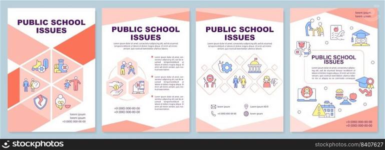Public school issues red brochure template. Leaflet design with linear icons. Editable 4 vector layouts for presentation, annual reports. Arial-Black, Myriad Pro-Regular fonts used. Public school issues red brochure template