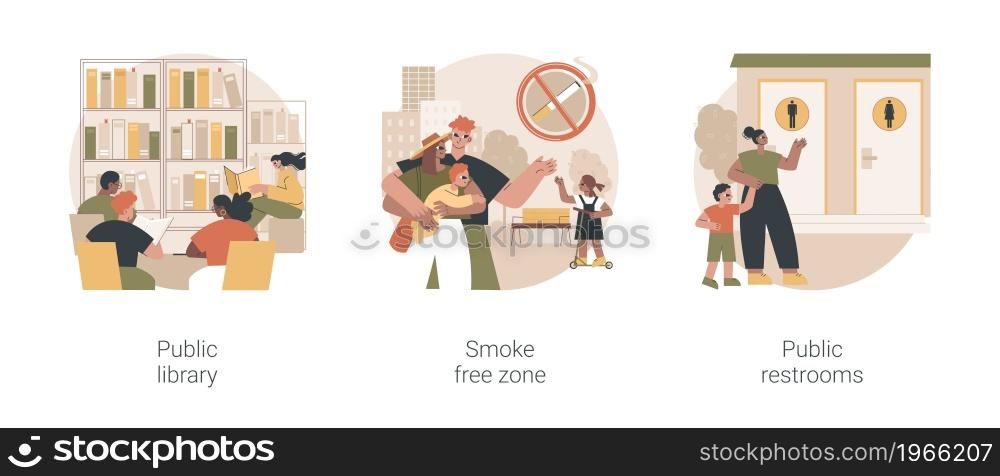 Public service abstract concept vector illustration set. Public library, smoke free zone, restroom facilities, no smoking area, place for children, cleaning and disinfection abstract metaphor.. Public service abstract concept vector illustrations.