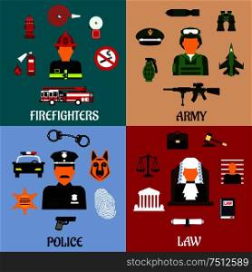 Public service and military professions flat icons of firefighter with tools, army soldier with equipment, judge in courtroom and police officer in uniform. Fireman, soldier, judge and policeman icons