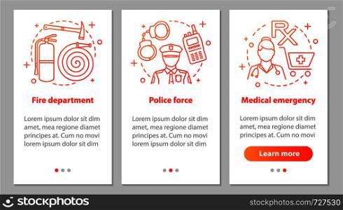 Public services onboarding mobile app page screen with linear concepts. Police force, firefighter department, medical emergency step graphic instructions. UX, UI, GUI vector template with illustration. Public services onboarding mobile app page screen with linear co