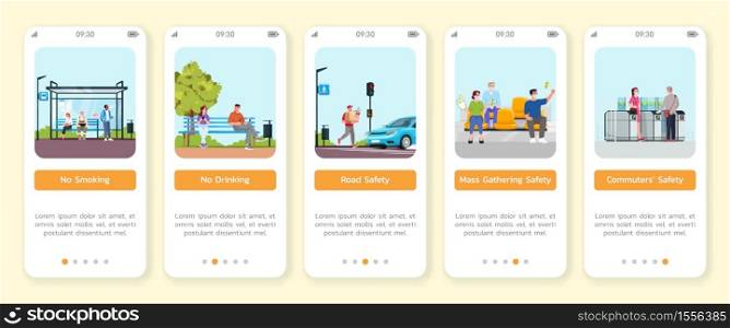 Public space safety rules onboarding mobile app screen vector template. Mass gathering, commuters safety. Walkthrough website steps with flat characters. Smartphone cartoon UX, UI, GUI. Public space safety rules onboarding mobile app screen vector template