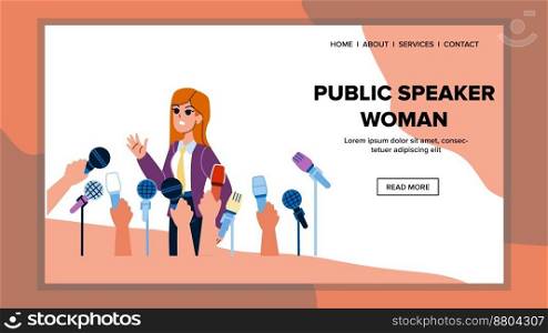 public speaker woman vector. business conference, female seminar, education speech public speaker woman web flat cartoon illustration. public speaker woman vector