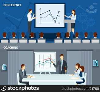 Public speaking 2 flat horizontal banners . Public speaking skills improvement for business people 2 flat horizontal banners composition poster abstract isolated vector illustration