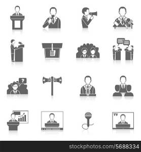 Public speaking black icons set with orator lecturer public speaker isolated vector illustration