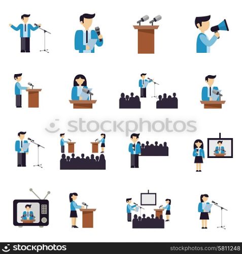 Public speaking businessmen and politicians icons flat set isolated vector illustration. Public Speaking Icons Flat