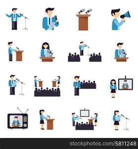 Public speaking businessmen and politicians icons flat set isolated vector illustration. Public Speaking Icons Flat