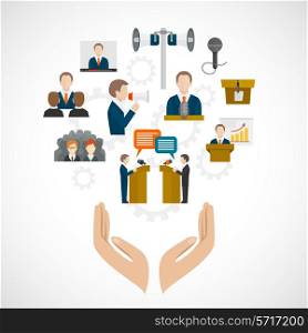 Public speaking concept with hands and presentation conference debate oratory icons vector illustration