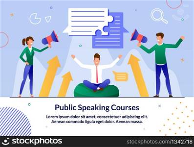 Public Speaking Courses, Business Leadership Seminar Trendy Flat Vector Advertising Banner, Promo Poster with Business Trainer Teaching Students Art of Oratory and Confidence Confidence Illustration
