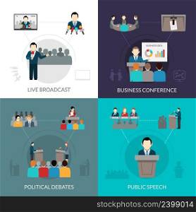 Public speaking design concept set with business conference flat icons isolated vector illustration. Public Speaking Set