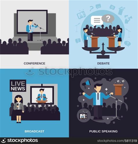Public speaking design concept set with conference debate broadcast flat icons isolated vector illustration. Public Speaking Flat Set