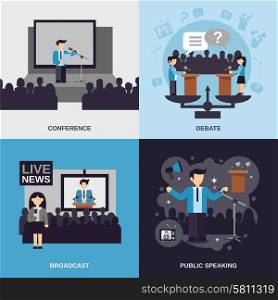 Public speaking design concept set with conference debate broadcast flat icons isolated vector illustration. Public Speaking Flat Set