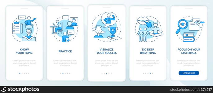 Public speaking fear overcoming blue onboarding mobile app screen. Health walkthrough 5 steps graphic instructions pages with linear concepts. UI, UX, GUI template. Myriad Pro-Bold, Regular fonts used. Public speaking fear overcoming blue onboarding mobile app screen