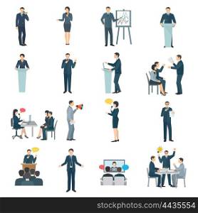 Public Speaking Flat Icons Set . Public speaking skills flat icons collection with conference presentation visual aid and training abstract isolated illustration vector