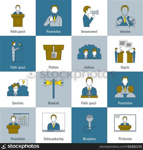 Public speaking flat line icons set with speech presentation announcement interview isolated vector illustration