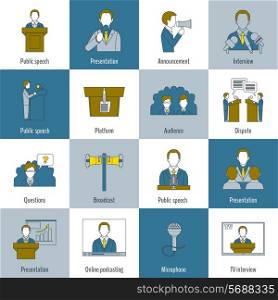 Public speaking flat line icons set with speech presentation announcement interview isolated vector illustration