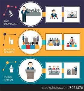 Public speaking horizontal banner set with political debates elements isolated vector illustration. Public Speaking Banner Set