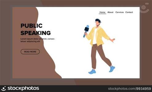 Public Speaking Man With Microphone Device Vector. Young Boy With Mic Public Speaking On Podium, Lecturer Talking On Business Training Or Webinar. Character Web Flat Cartoon Illustration. Public Speaking Man With Microphone Device Vector