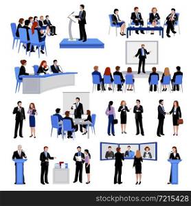 Public speaking people flat icons collection with conference meetings and workshop presentations abstract isolated vector illustration . Public Speaking People Flat Icons Collection