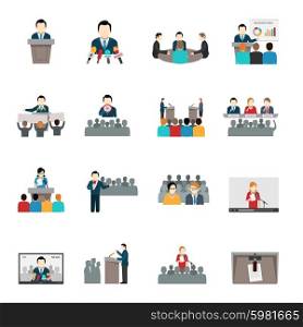 Public speaking politician businessman and teacher flat icons set isolated vector illustration. Public Speaking Icons Set