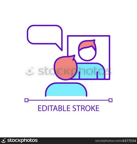 Public speaking practice before performance RGB color icon. Man training by mirror. Self belief affirmation. Isolated vector illustration. Simple filled line drawing. Editable stroke. Arial font used. Public speaking practice before performance RGB color icon