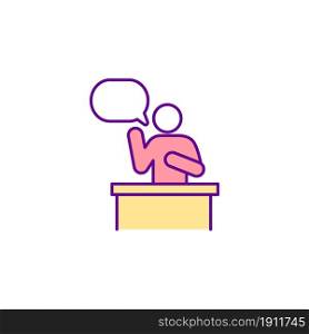 Public speaking RGB color icon. Person talking on stand. Judicial hearing on personal case. Presidential debate. Government representative. Isolated vector illustration. Simple filled line drawing. Public speaking RGB color icon