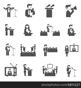 Public speaking seminar and presentation black icons set isolated vector illustration. Public Speaking Icons Set