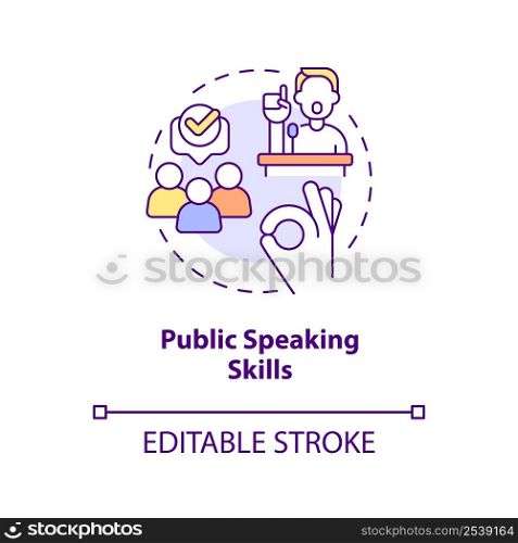 Public speaking skills concept icon. Trendy soft skill needed in workplace abstract idea thin line illustration. Isolated outline drawing. Editable stroke. Arial, Myriad Pro-Bold fonts used. Public speaking skills concept icon