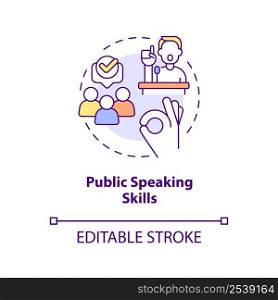 Public speaking skills concept icon. Trendy soft skill needed in workplace abstract idea thin line illustration. Isolated outline drawing. Editable stroke. Arial, Myriad Pro-Bold fonts used. Public speaking skills concept icon