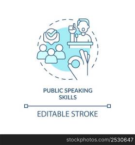 Public speaking skills turquoise concept icon. Trendy soft skill needed in workplace abstract idea thin line illustration. Isolated outline drawing. Editable stroke. Arial, Myriad Pro-Bold fonts used. Public speaking skills turquoise concept icon