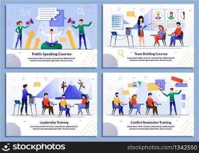 Public Speaking, Team Building, Leadership, Conflict Resolution Training Courses, Coaching. Business People Characters Sitting at Conference Hall and Listening Mentor Illustration. Vector Banner Set. Flat Banner Set for Business and Self Development