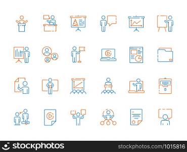 Public speech icons. Business presentation instructor classroom meeting seminar conference vector colored symbols. Illustration of conference and seminar, teacher lecture, business speech. Public speech icons. Business presentation instructor classroom meeting seminar conference vector colored symbols