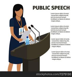 Public speech performed by woman in navy dress with papers and bottle of water on grandstand isolated vector illustration.. Public Speech From Grandstand with Microphones