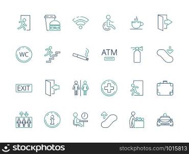 Public symbols. Navigate pictogram disabled toilet wifi bathroom vector public icon collection. Airport icon service, swaddle and taxi, luggage and cafe illustration. Public symbols. Navigate pictogram disabled toilet wifi bathroom vector public icon collection