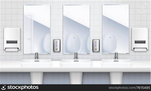 Public toilet interior concept with three three washbasins with mirrors and washing products vector illustration
