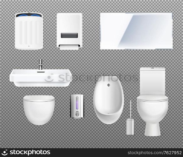 Public toilet interior elements transparent icon set with hand dryer toilet washbasin mirror soap plunger urinal vector illustration