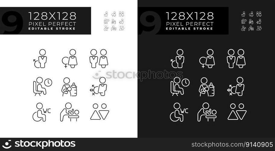 Public toilet rooms signs pixel perfect linear icons set for dark, light mode. Hygiene in restrooms. Private place. Thin line symbols for night, day theme. Isolated illustrations. Editable stroke. Public toilet rooms signs pixel perfect linear icons set for dark, light mode