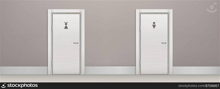 Public toilet, wc male and female visitor entrances in corridor. Two white doors with metal handles and man or woman black pictogram. Office bathroom gender concept, Realistic 3d vector illustration. Public toilet, wc male and female visitor entrance