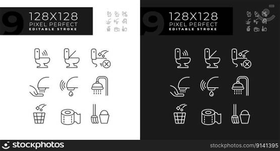 Public toilets service pixel perfect linear icons set for dark, light mode. Restrooms using rules. Conveniences. Thin line symbols for night, day theme. Isolated illustrations. Editable stroke. Public toilets service pixel perfect linear icons set for dark, light mode