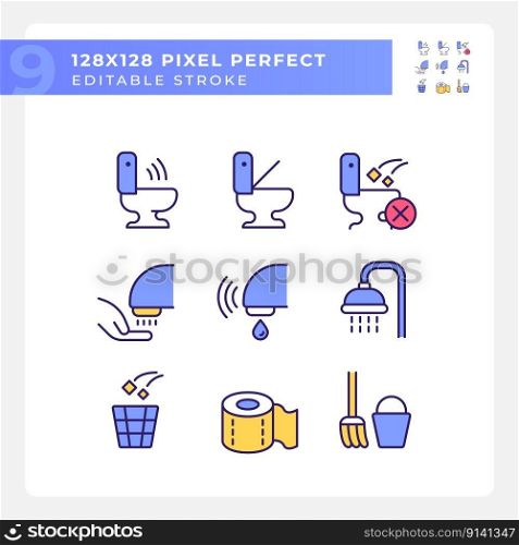 Public toilets service pixel perfect RGB color icons set. Restrooms using rules. Conveniences for guests. Isolated vector illustrations. Simple filled line drawings collection. Editable stroke. Public toilets service pixel perfect RGB color icons set