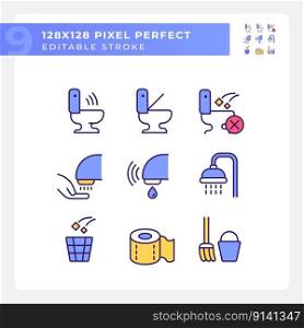 Public toilets service pixel perfect RGB color icons set. Restrooms using rules. Conveniences for guests. Isolated vector illustrations. Simple filled line drawings collection. Editable stroke. Public toilets service pixel perfect RGB color icons set