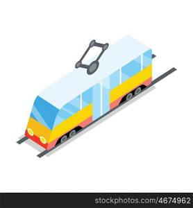 Public Tram Icon. Public tram icon. Isometry yellow tram on rails with shadow. Public transport concept. City isometric object in flat. Isolated vector illustration on white background.