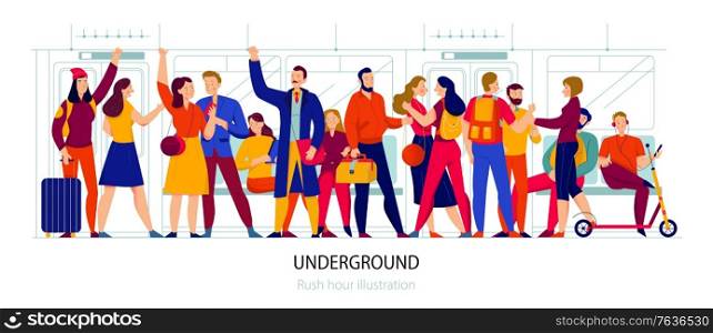 Public transport and underground concept with rush hour symbols flat vector illustration