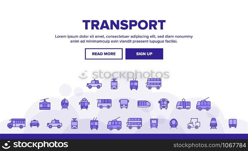 Public Transport And Vehicle Landing Web Page Header Banner Template Vector. Passenger Urban Transport. Bus, Taxi Cab, Trolley, Train Side And Front View Illustration. Public Transport And Vehicle Landing Header Vector