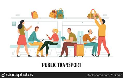 Public transport composition with commuting people symbols flat vector illustration