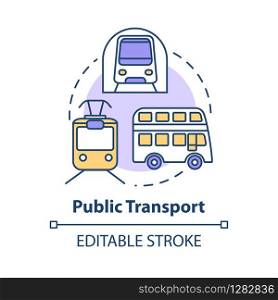 Public transport concept icon. Affordable travel means, budget tourism idea thin line illustration. Subway train, bus and tram vector isolated outline RGB color drawing. Editable stroke