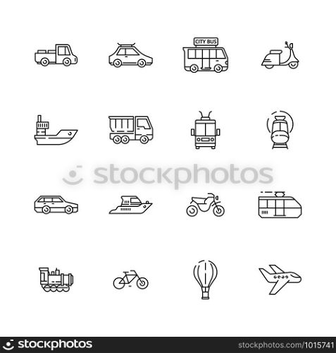 Public transport icons. Cars planes trains boats urban vehicles thin line collection symbols. Illustration of transport bus, train and plane. Public transport icons. Cars planes trains boats urban vehicles thin line collection symbols
